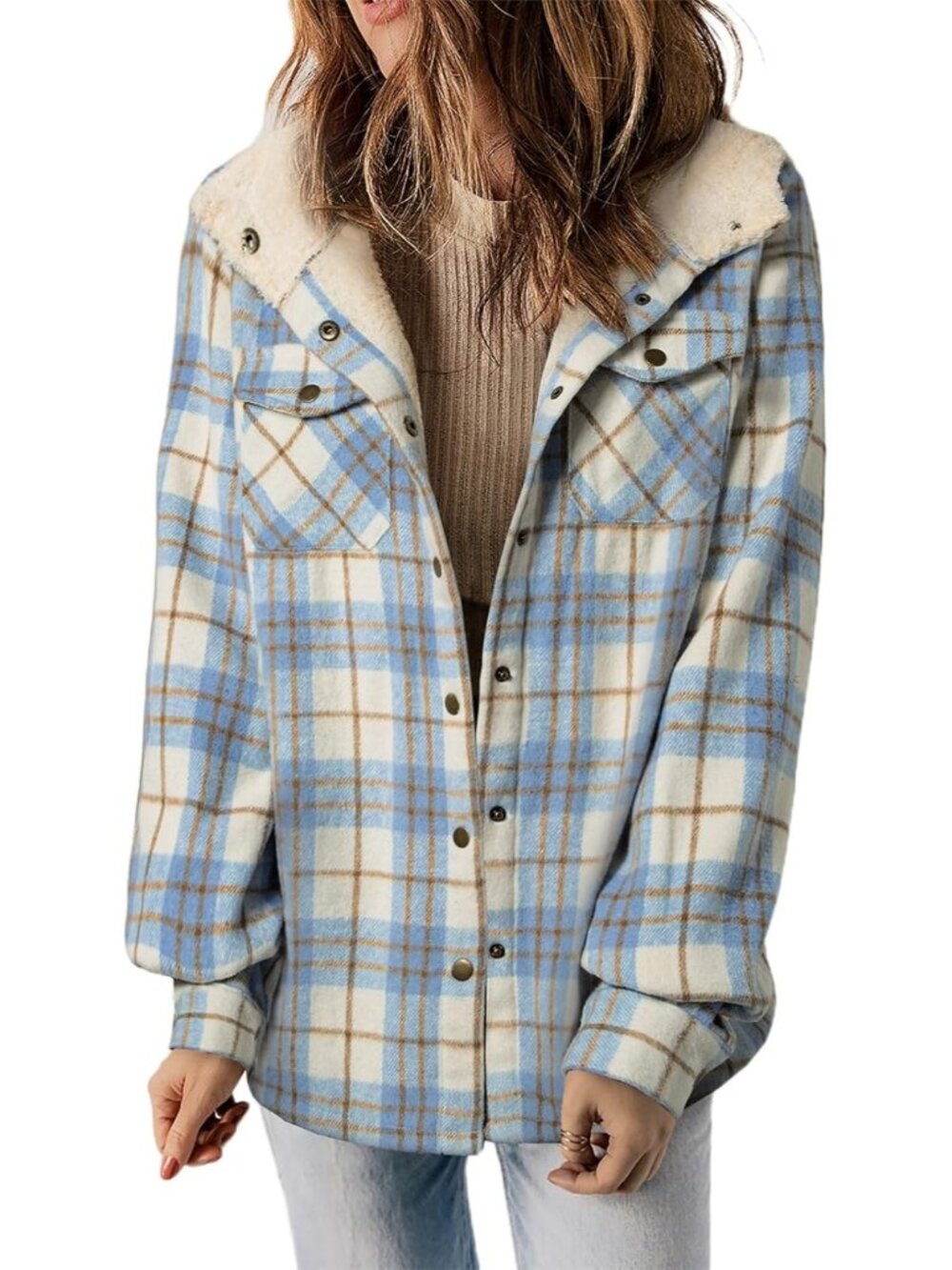 Women’s Sky Blue Plaid Fleece Hooded Shacket Warm Sherpa Flannel Winter Jacket